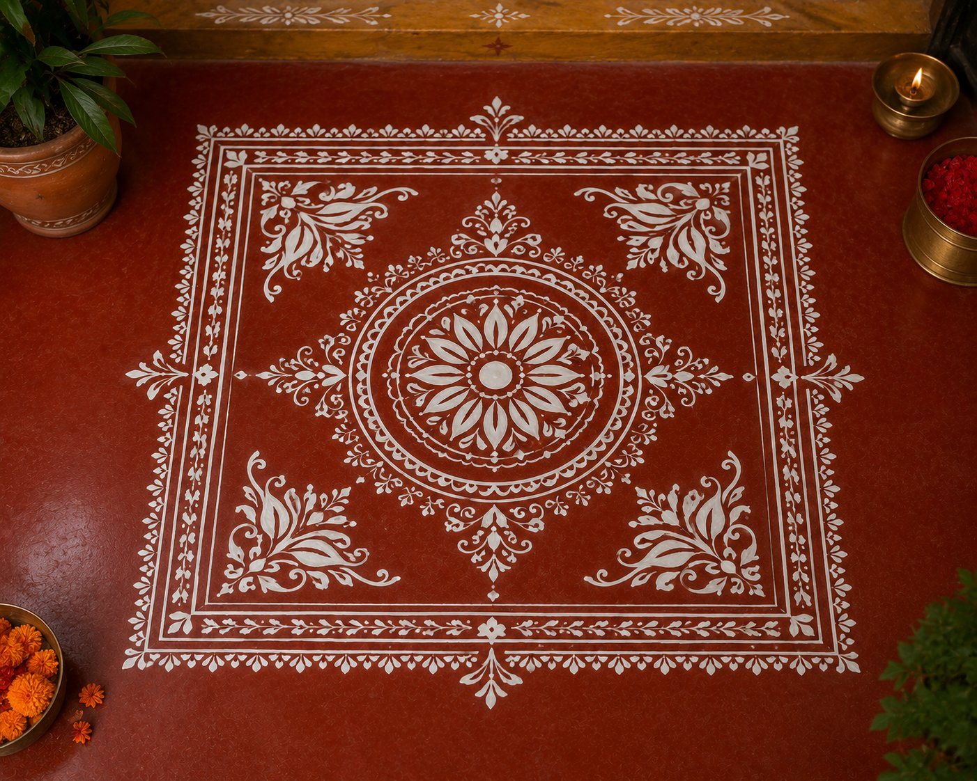 A complete square Aipan chowki design in white rice paste on red geru floor, with lotus centre, flowering corners and a dotted border