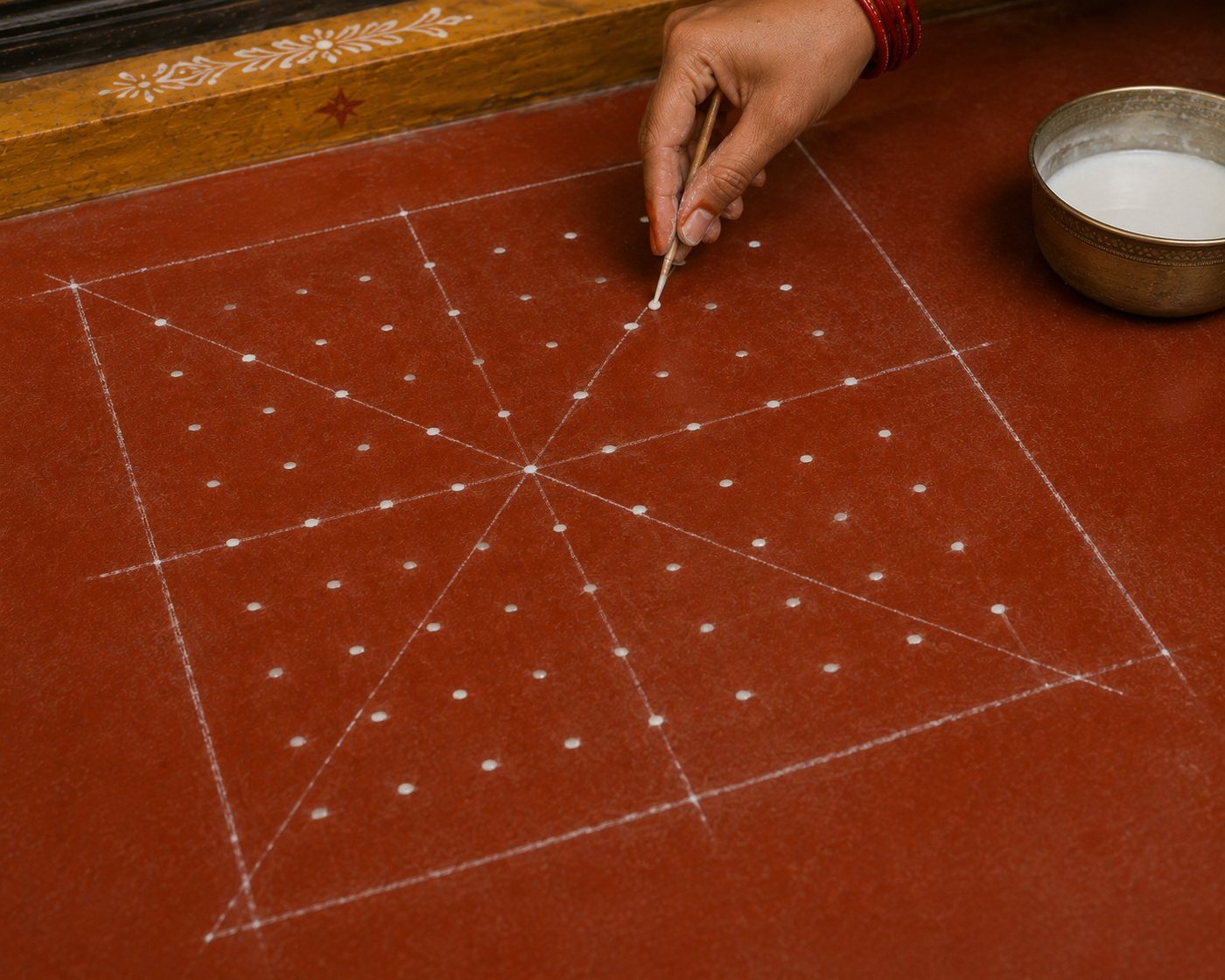 A hand marking a symmetrical grid of white dots and diagonal axes on a red geru ground for an Aipan design