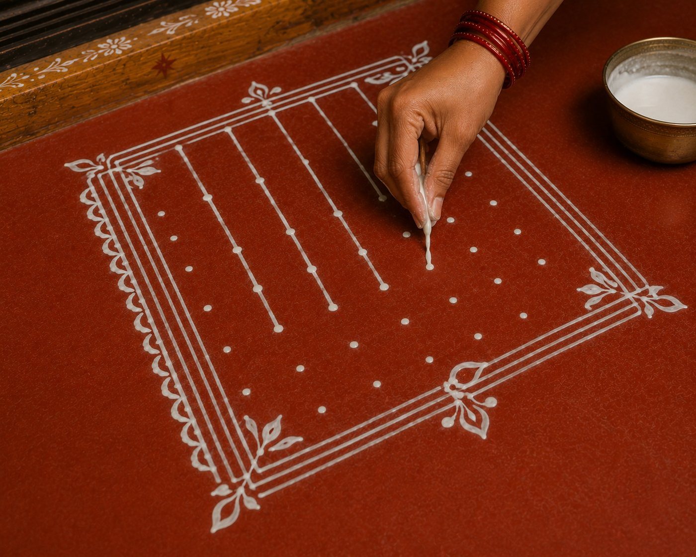 A hand drawing white rice-paste lines and a leaf border of an Aipan chowki over a dotted grid