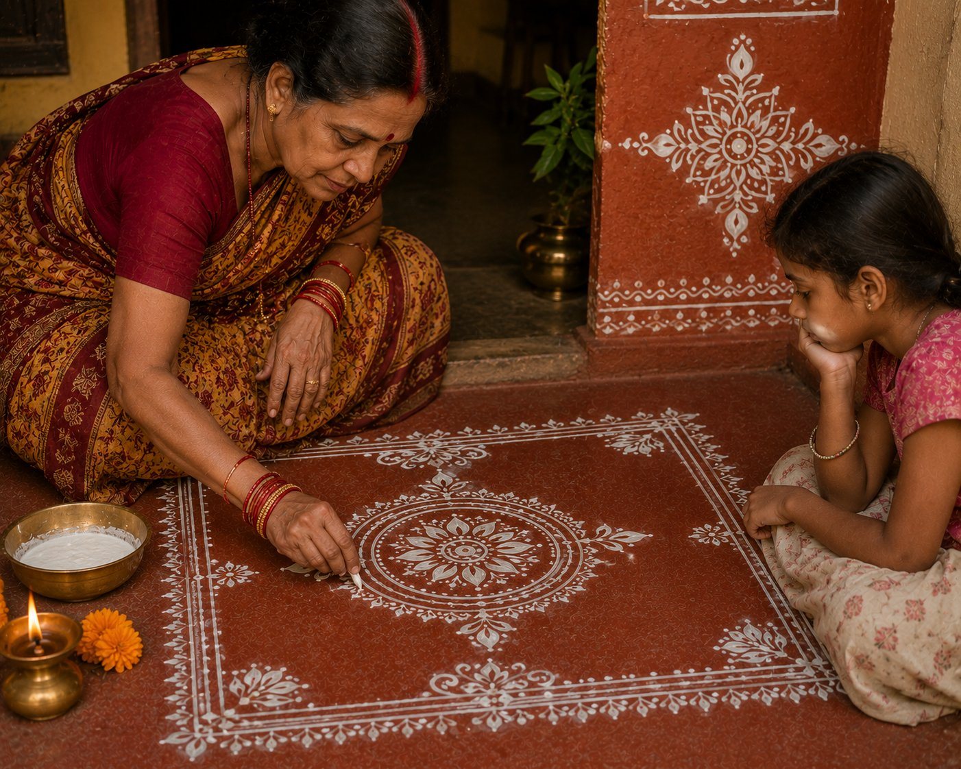 An elderly woman in a sari drawing an Aipan chowki on the floor while a young girl watches closely, learning the craft