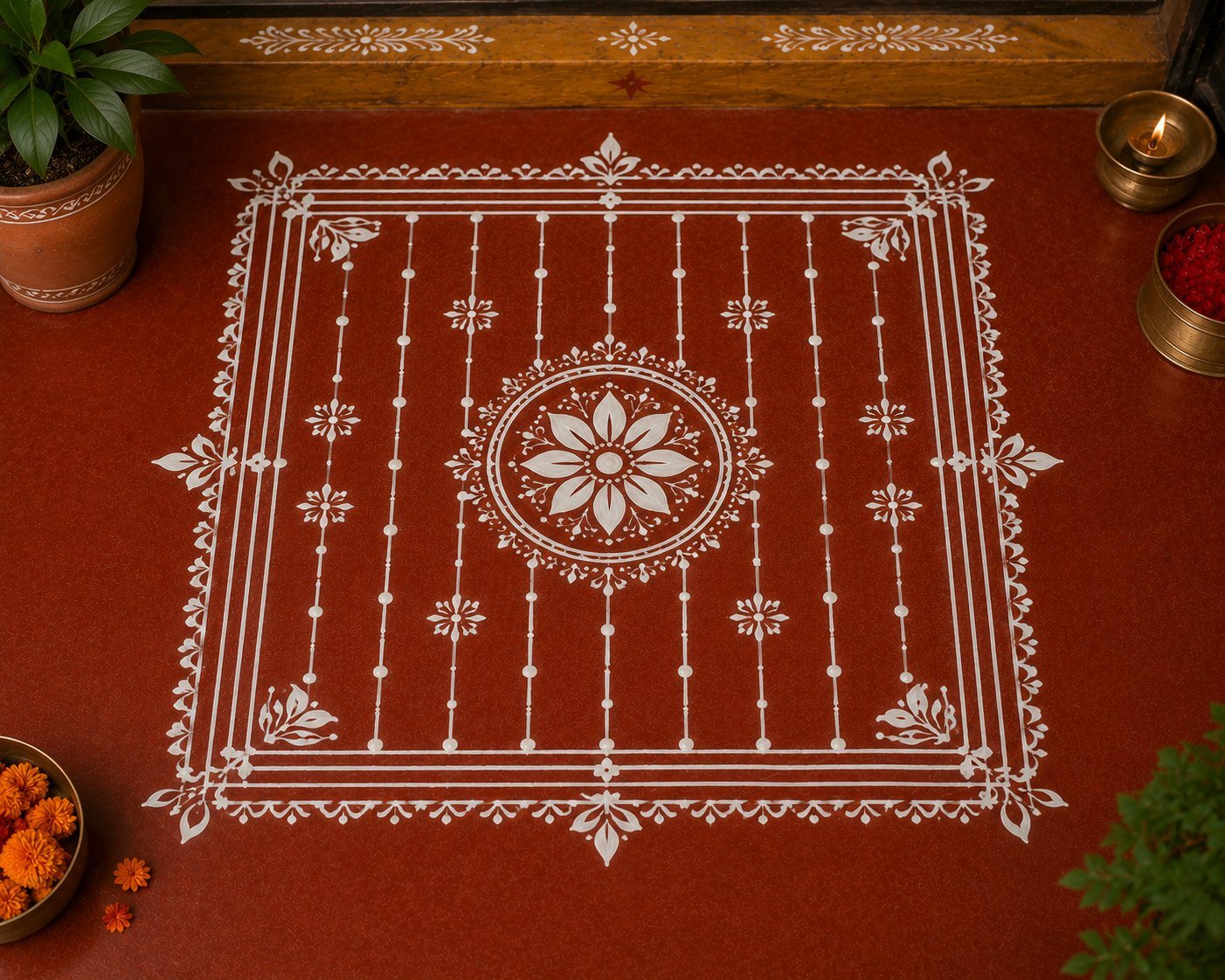 A finished Aipan chowki with a central lotus, beaded lines and floral border in white on red geru, with diya and marigolds