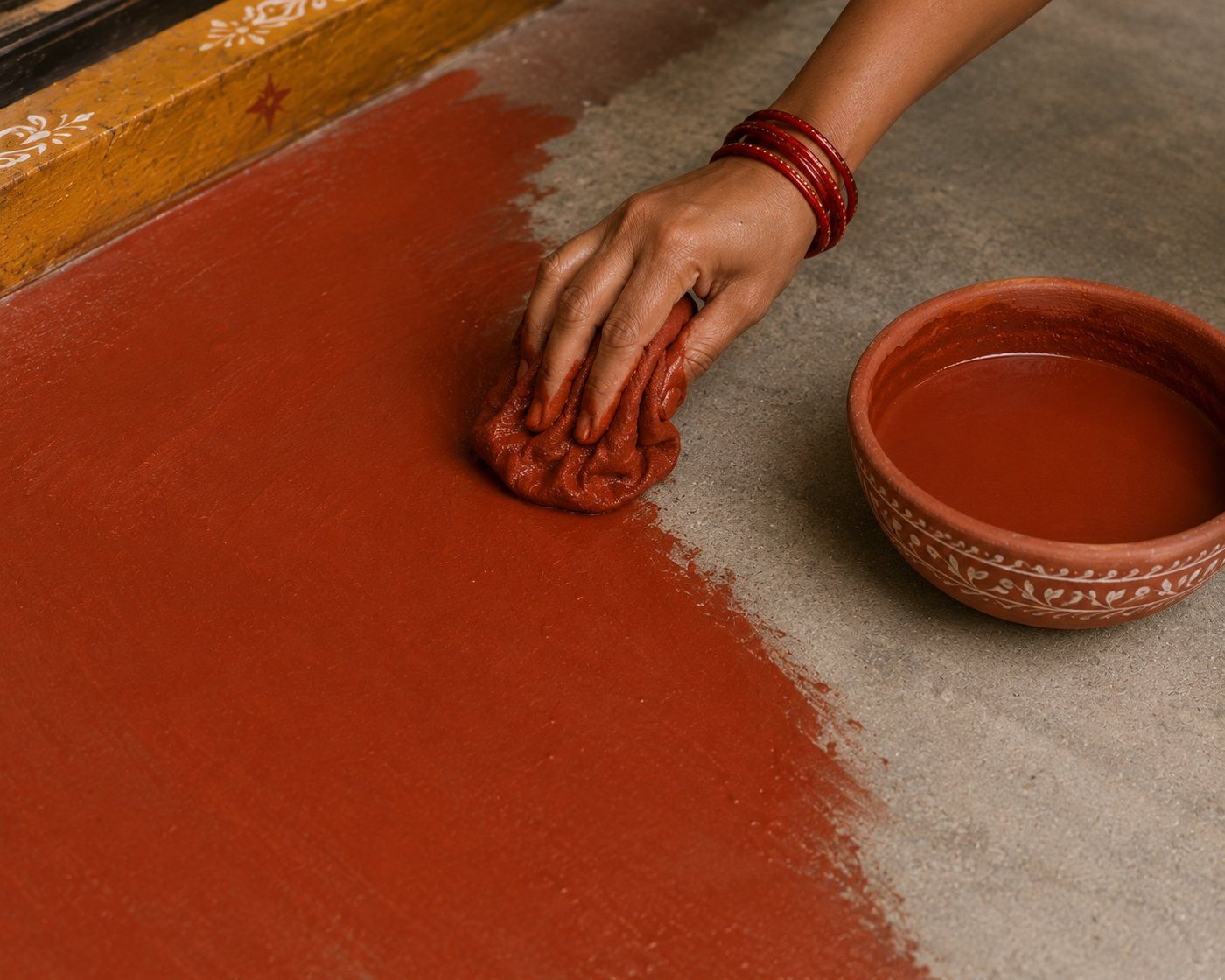 A hand with red bangles spreading red geru wash across a floor beside a painted Kumaoni threshold