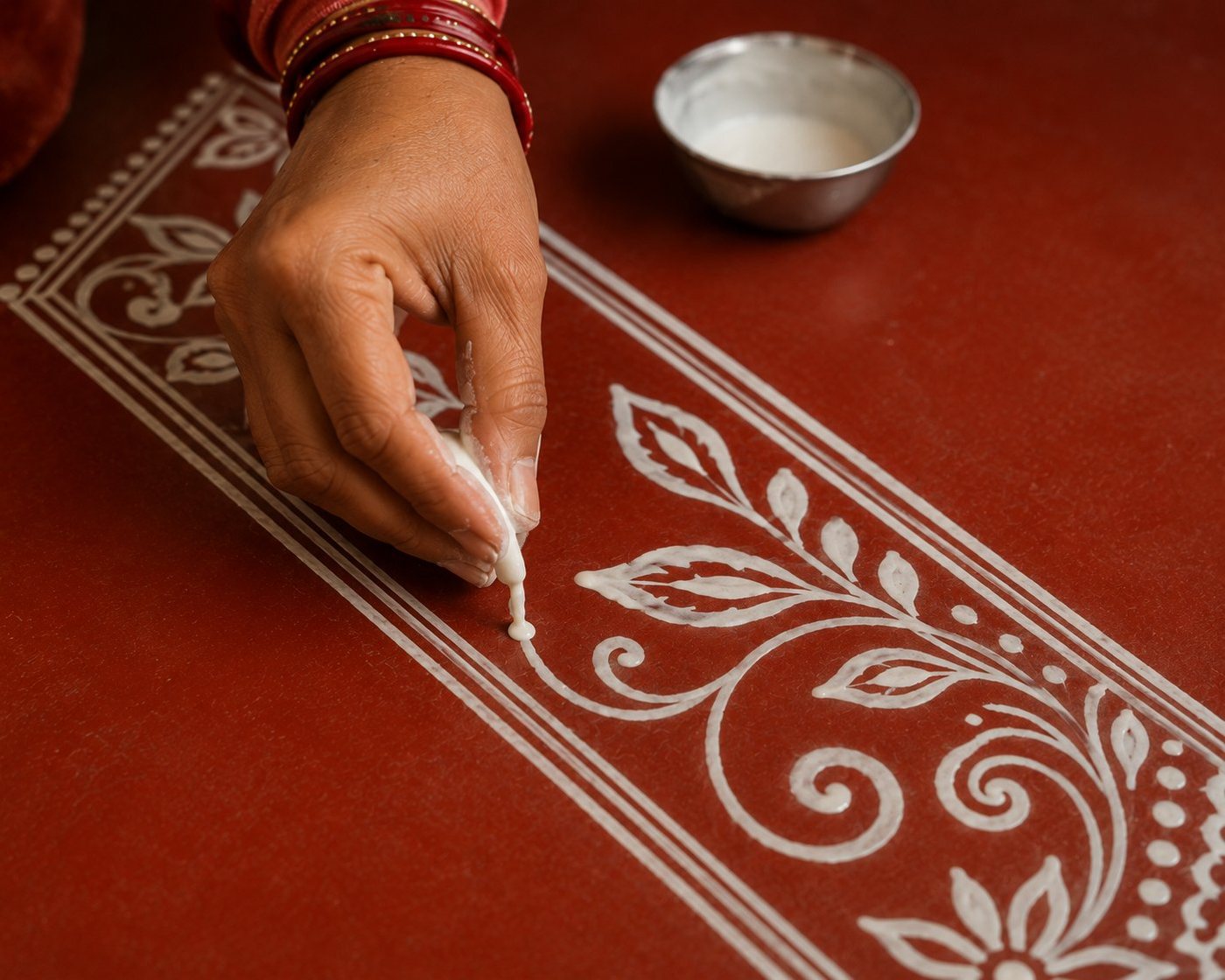 A woman's hand with red bangles drawing a white floral Aipan border in rice paste on a red surface