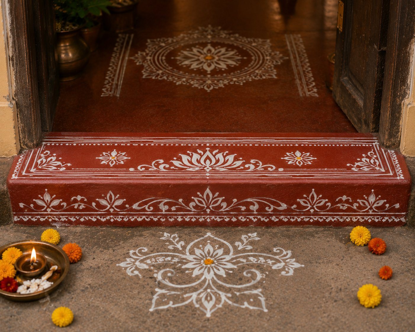 A painted red threshold step with a white lotus Aipan design and a fresh lotus drawn on the floor outside, with a diya and marigolds