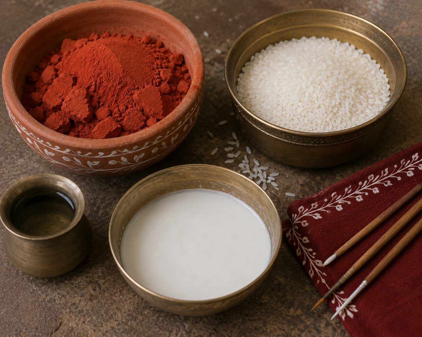 Traditional Aipan materials in brass and clay bowls — red geru powder, white rice, ground bisvar paste, oil, and thin brushes