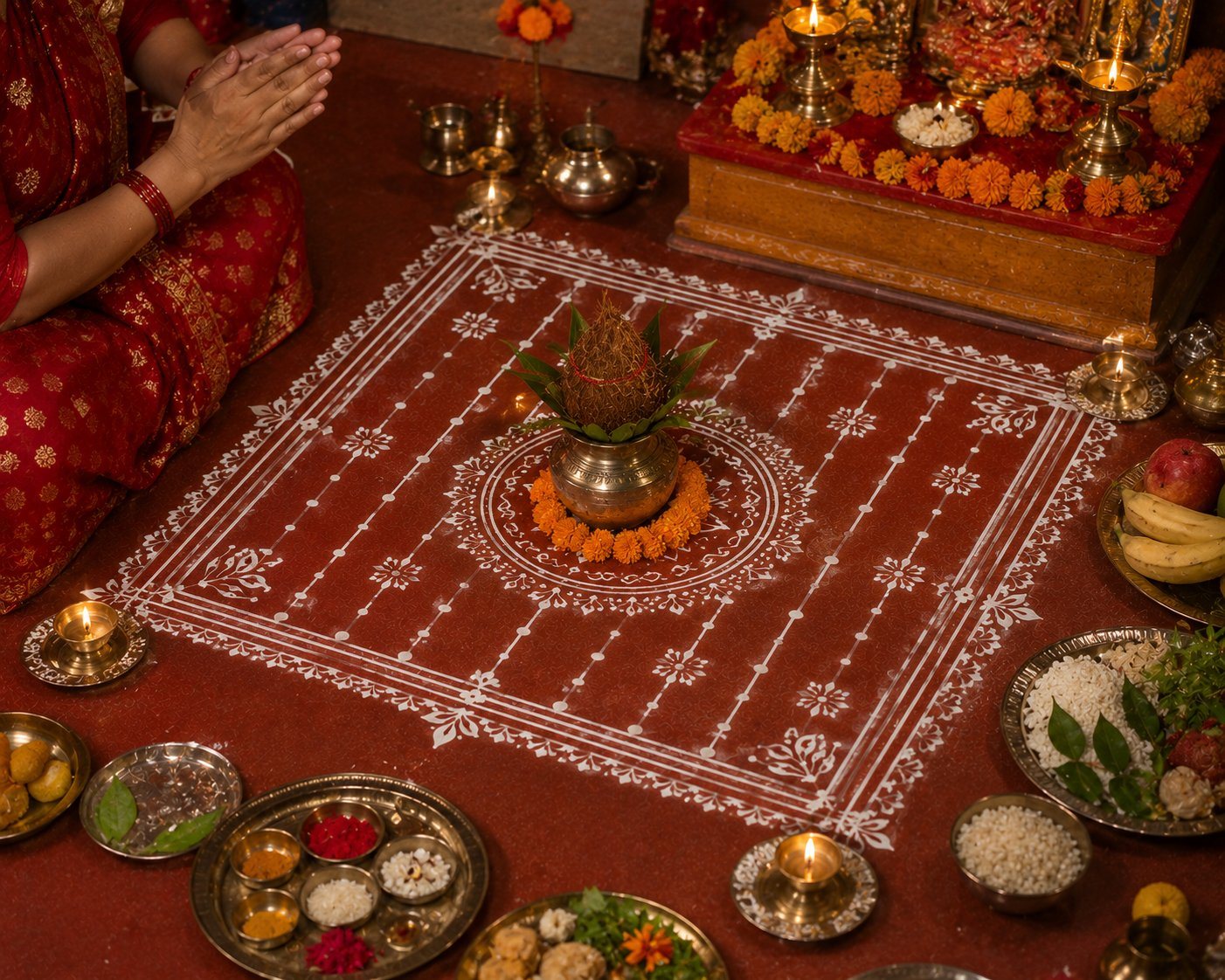 A woman in red praying before a kalash placed on a large white Aipan chowki surrounded by diyas, fruit and puja offerings