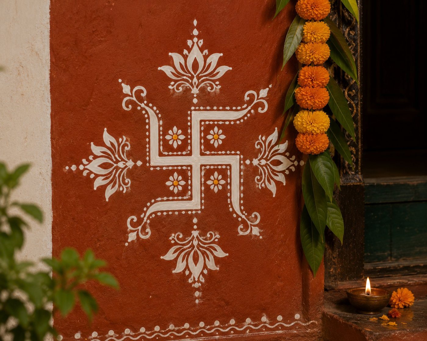 A white Aipan swastika with lotus motifs painted on a red ochre wall beside a marigold and mango-leaf toran