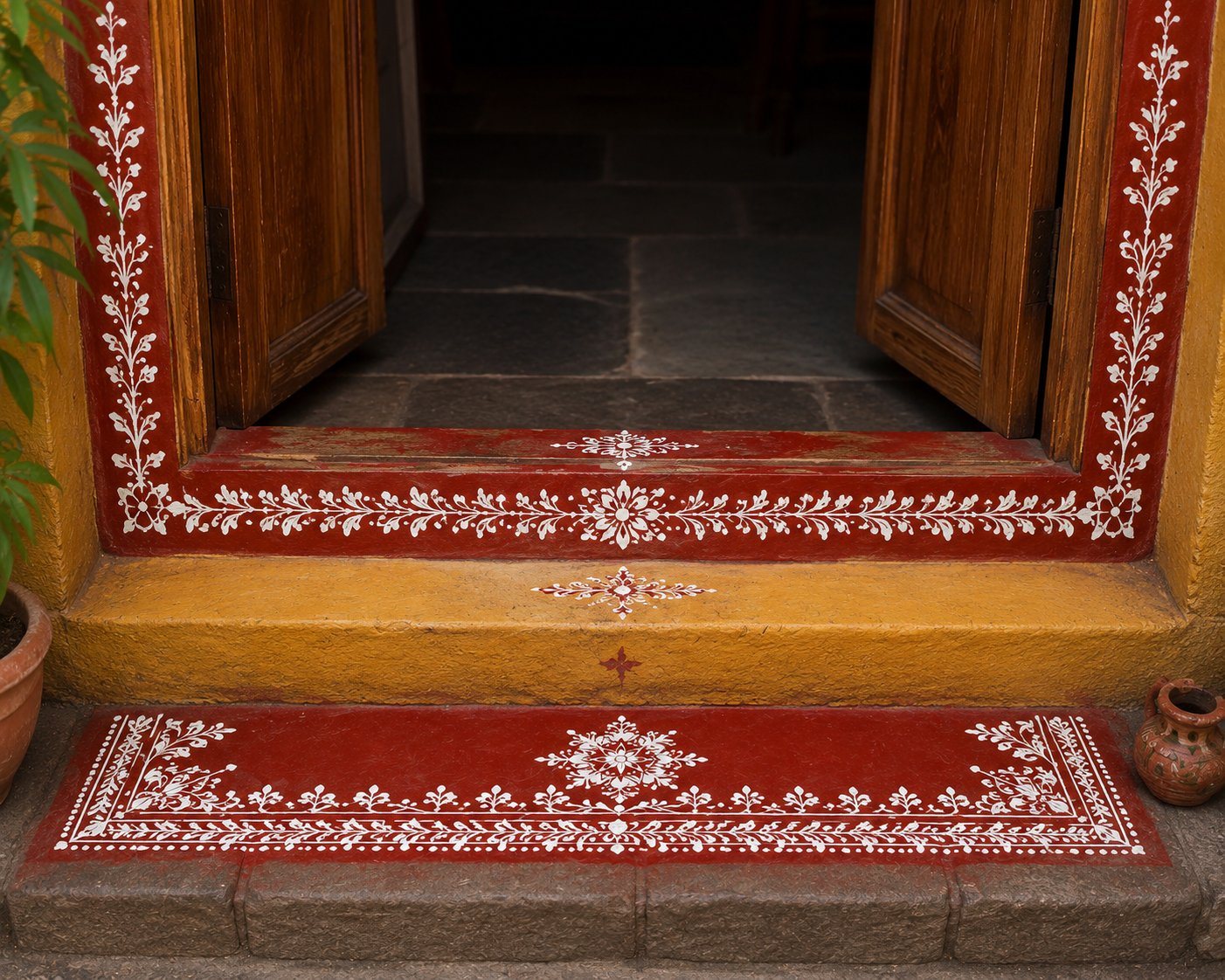 Aipan design in white rice paste on a red geru threshold of a Kumaoni wooden doorway in Uttarakhand