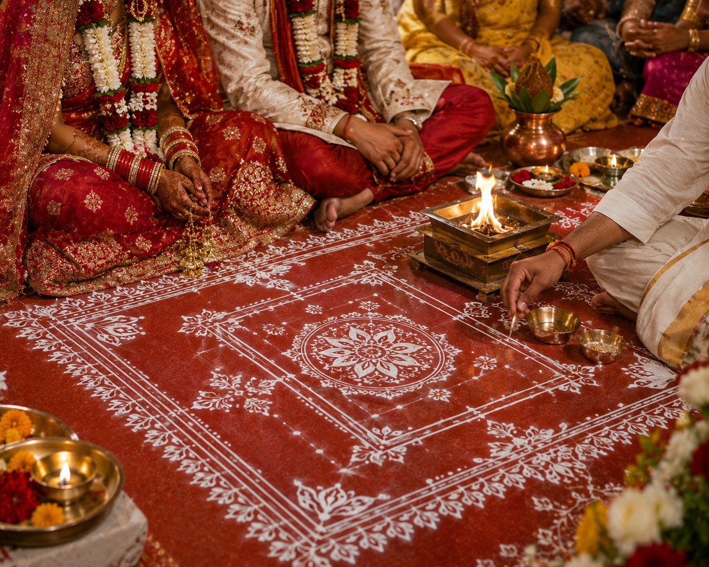 A bride and groom seated beside the sacred fire on an intricate white Aipan chowki drawn on a red floor at a Kumaoni wedding