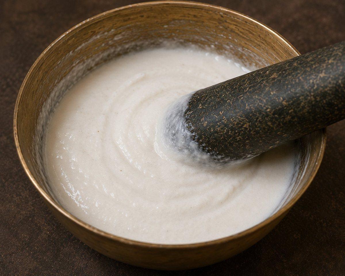 White bisvar rice paste being ground in a brass bowl with a pestle
