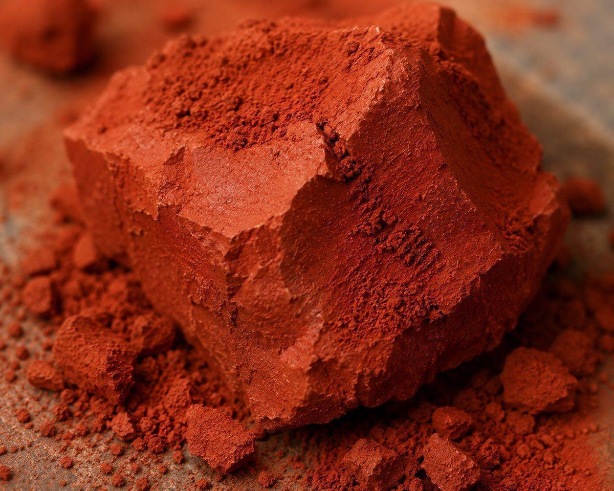 A block of red geru ochre clay with loose powder, the base material for Aipan