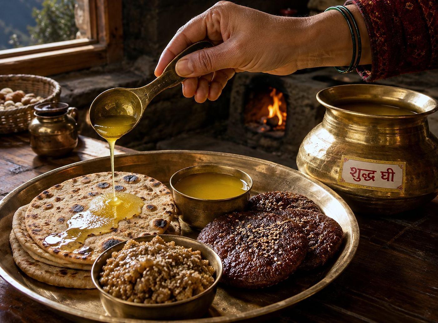 A hand pouring ghee from a brass spoon over roti on a brass thali with a ghee pot, beside a hill kitchen fire at Ghee Sankranti in Kumaon
