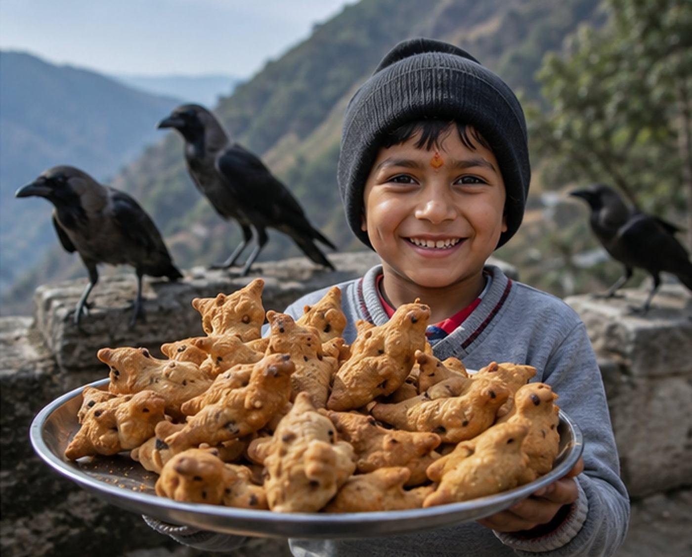 A boy in a wool cap holding a plate of fried ghughut dough birds while crows gather on a hillside wall at Ghughutiya in Uttarakhand