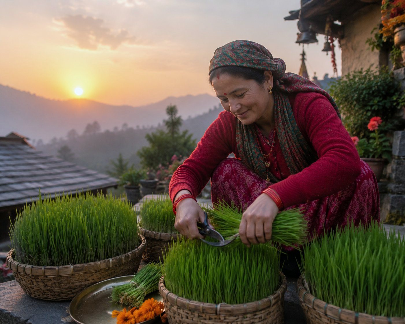 A Kumaoni woman in red cutting green Harela sprouts with a sickle at sunrise over the hills of Uttarakhand