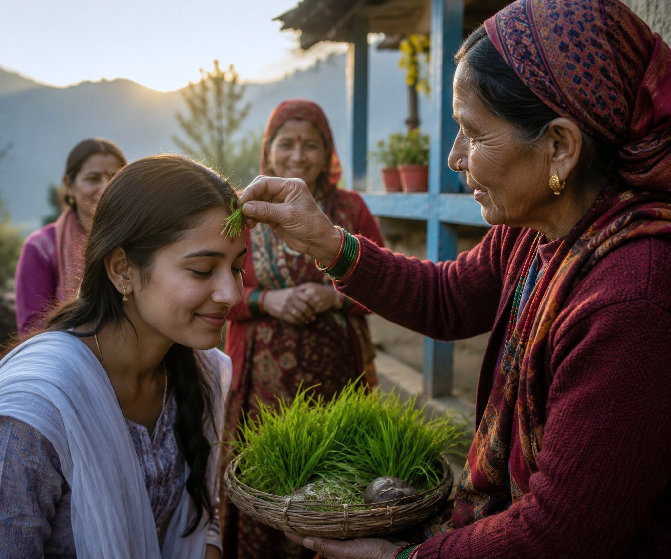 An elderly Kumaoni woman placing Harela sprouts on a young woman's forehead as a blessing, with family watching at sunrise