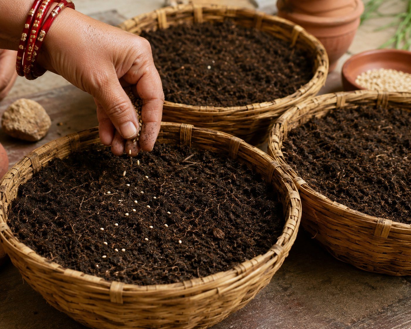 A woman's hand with red bangles sowing grain seeds into baskets of dark soil for Harela