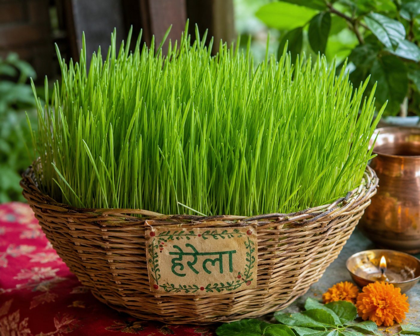 A wicker basket of bright green Harela sprouts labelled हरेला beside a copper vessel and a lit diya in Uttarakhand