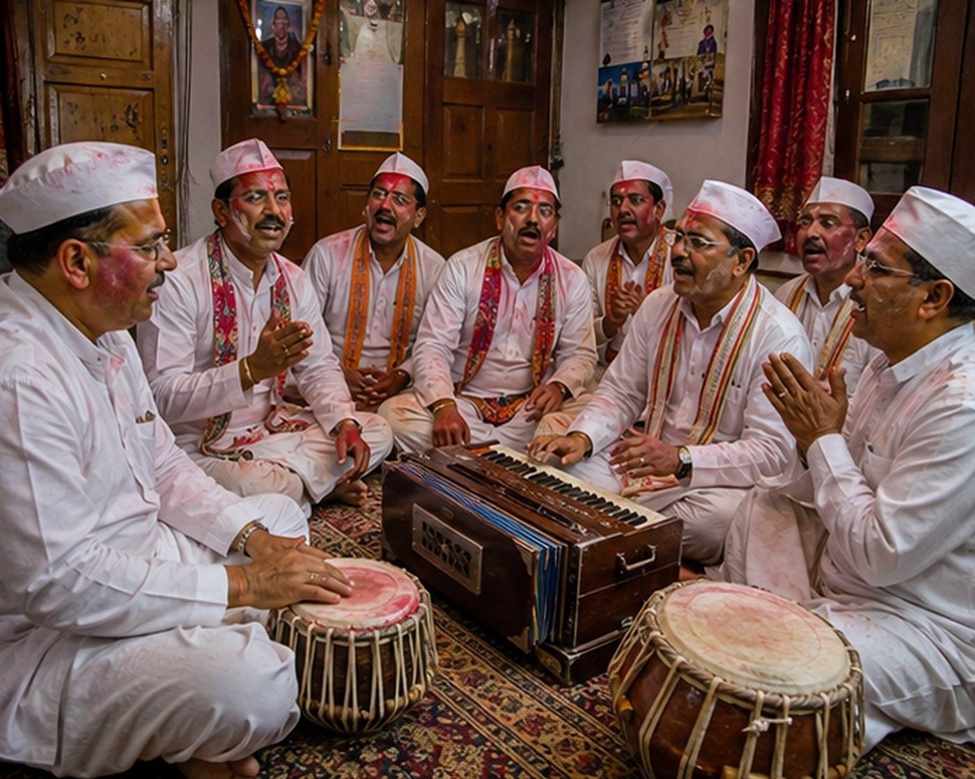 Men in white caps and kurtas singing Baithki Holi indoors around a harmonium and tabla, faces marked with colour, in Kumaon