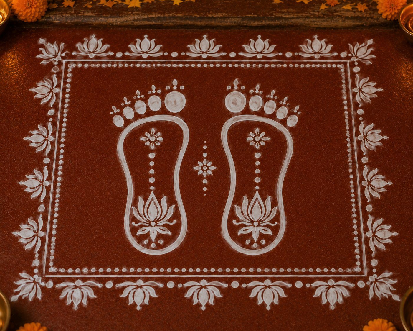 A full Lakshmi Pad chowki — two feet with lotus soles inside a lotus-and-dot bordered square in white on red geru