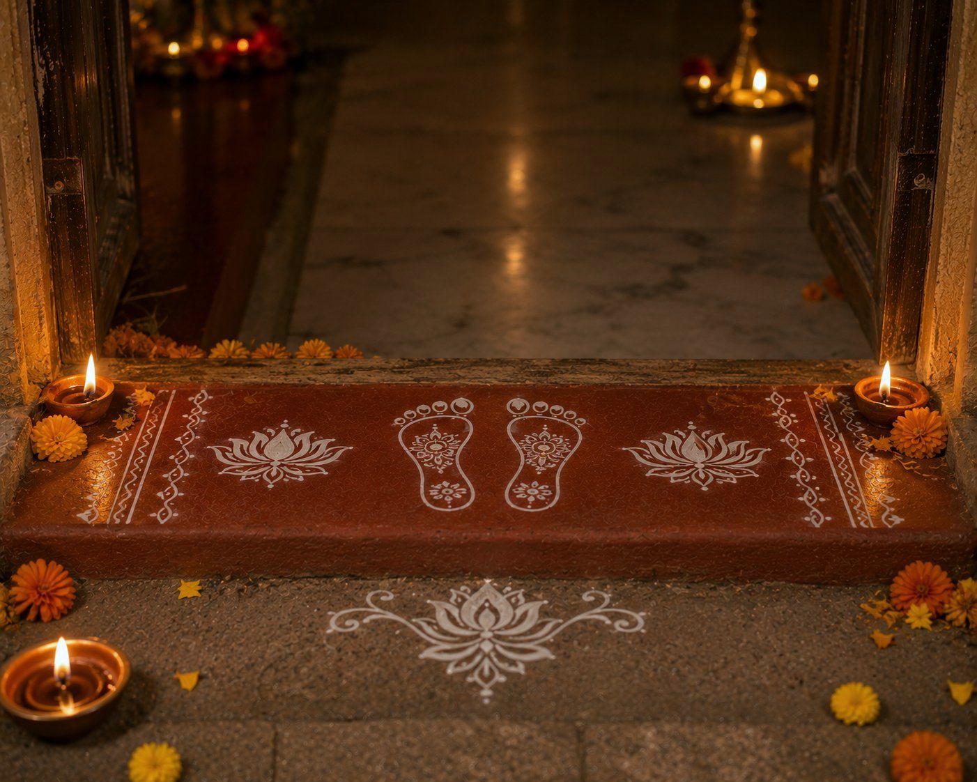 Lakshmi Pad — two feet flanked by lotuses drawn in white rice paste on a lamp-lit red threshold at Diwali