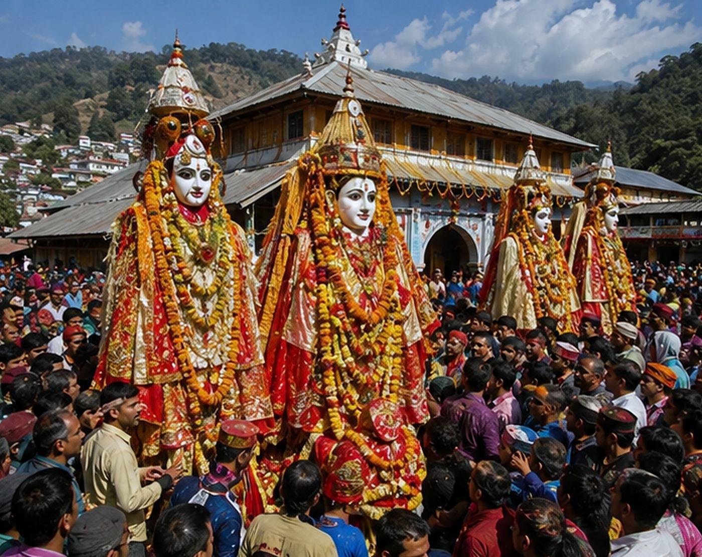 Marigold-garlanded idols of Nanda and Sunanda carried among a crowd outside the temple on Nanda Ashtami in Kumaon, Uttarakhand
