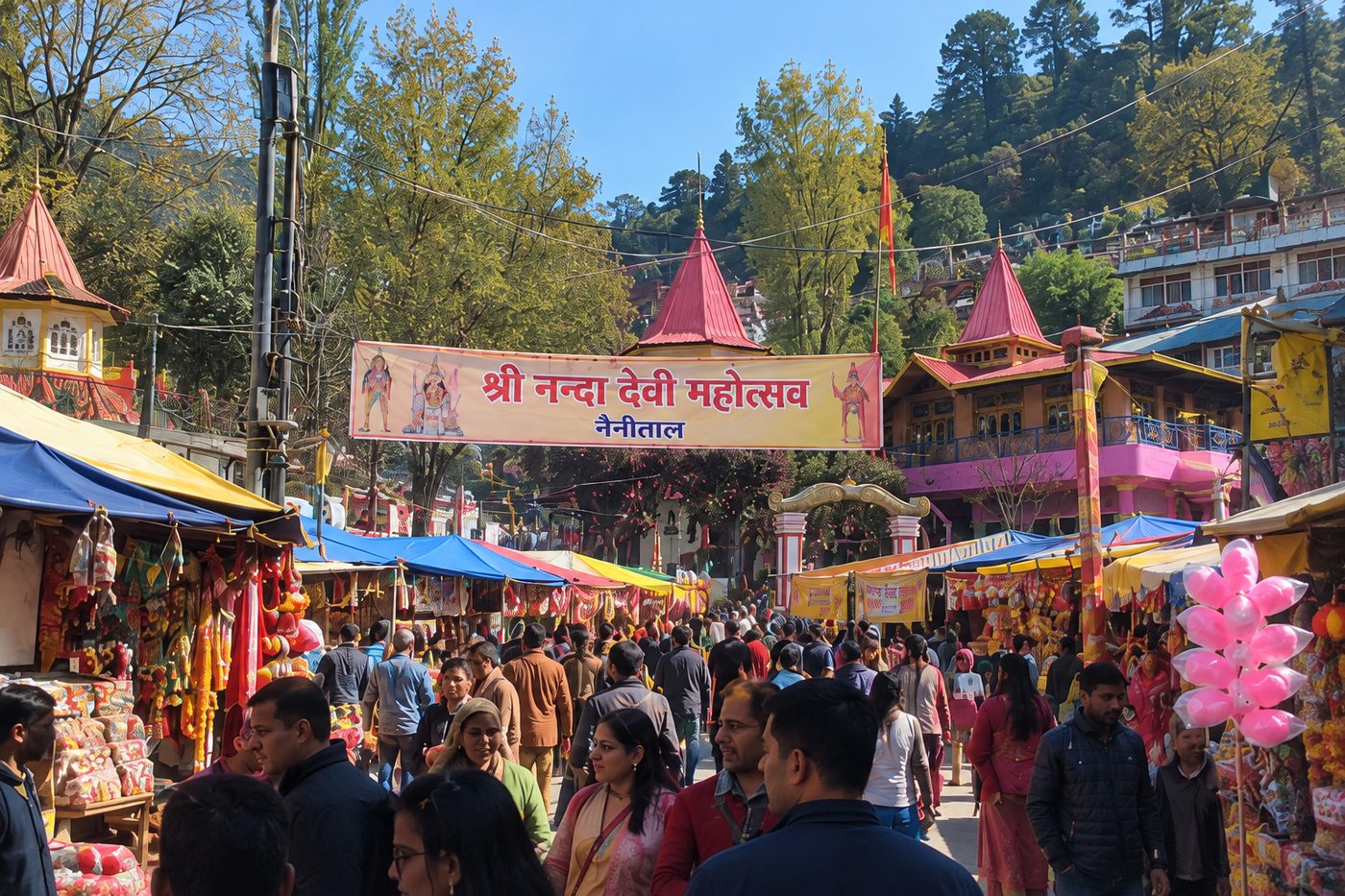 Crowds walking between market stalls beneath a Shri Nanda Devi Mahotsav Nainital banner