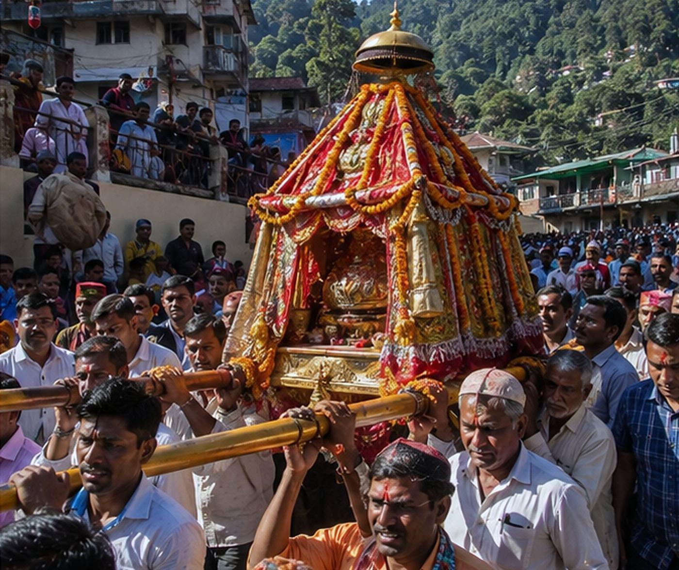 The garlanded Nanda Devi dola palanquin carried on poles through a dense crowd in a hill town at the Nanda Devi Mela
