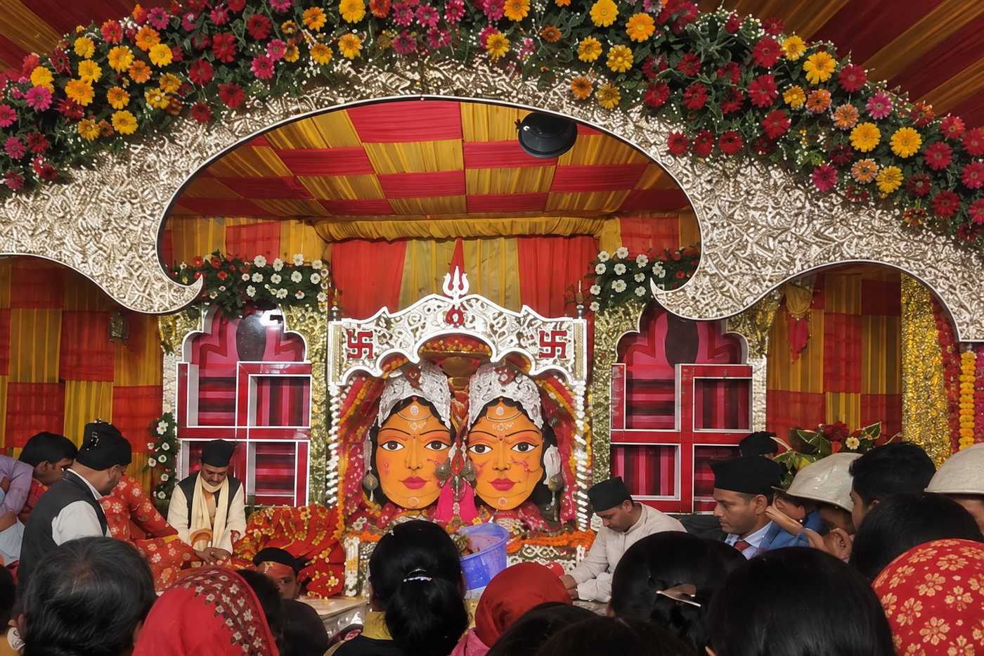 The decorated faces of Nanda and Sunanda displayed for worship during the Nanda Devi Mahotsav in Nainital