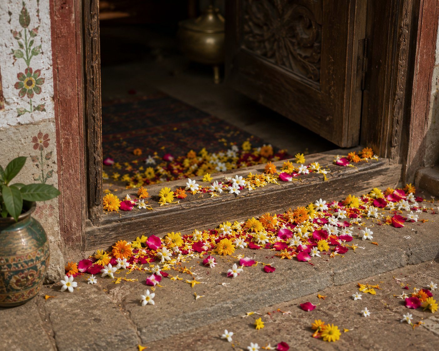 Spring flowers and petals scattered across a carved wooden threshold and stone step for Phool Dei, with a painted Kumaoni doorway