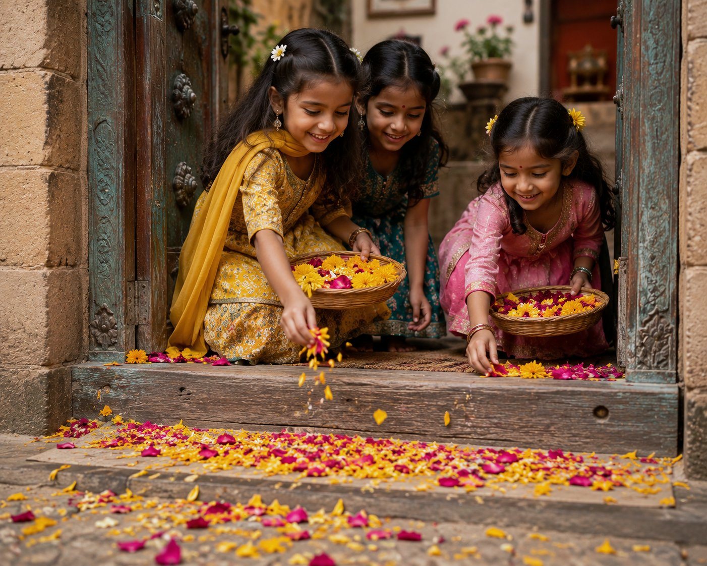 Three young girls with flowers in their hair scattering marigold and rose petals from baskets onto a doorstep at dawn for Phool Dei