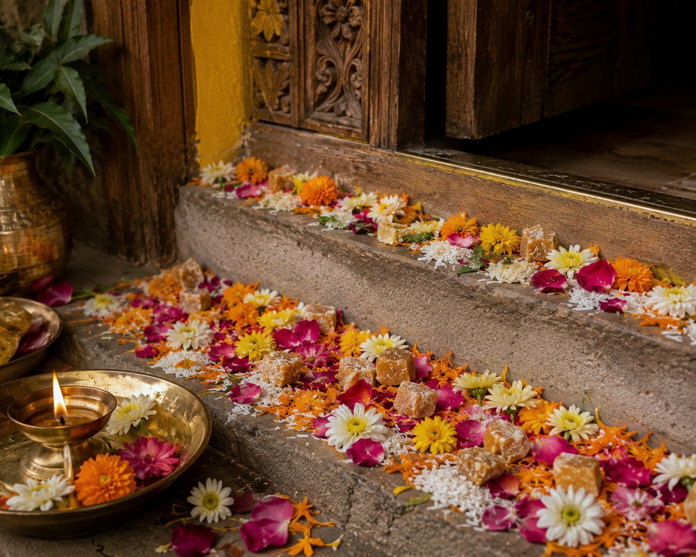 A threshold step strewn with marigolds, rose petals, white rice and pieces of jaggery beside a brass diya for Phool Dei