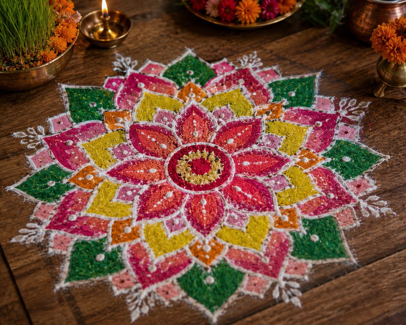 A vivid multi-coloured lotus Saraswati puja rangoli with a lit brass diya and marigolds, drawn for Basant Panchami