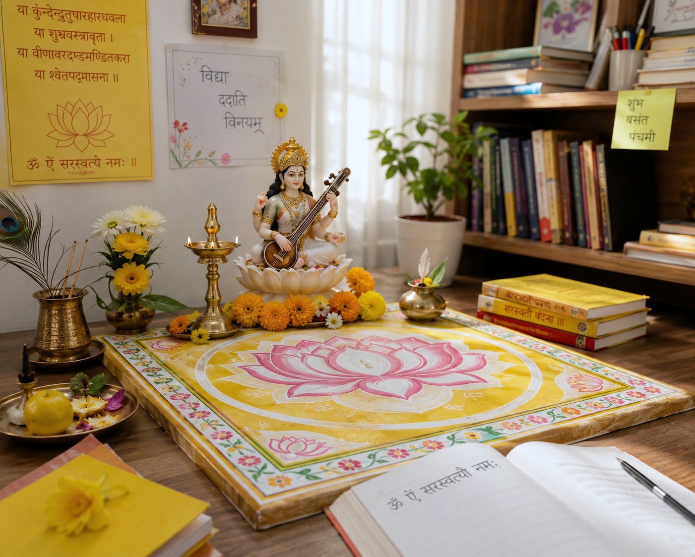 A Saraswati idol with veena seated on a yellow lotus chowki in a study room with books, diya and Basant Panchami notes, for the rituals of learning